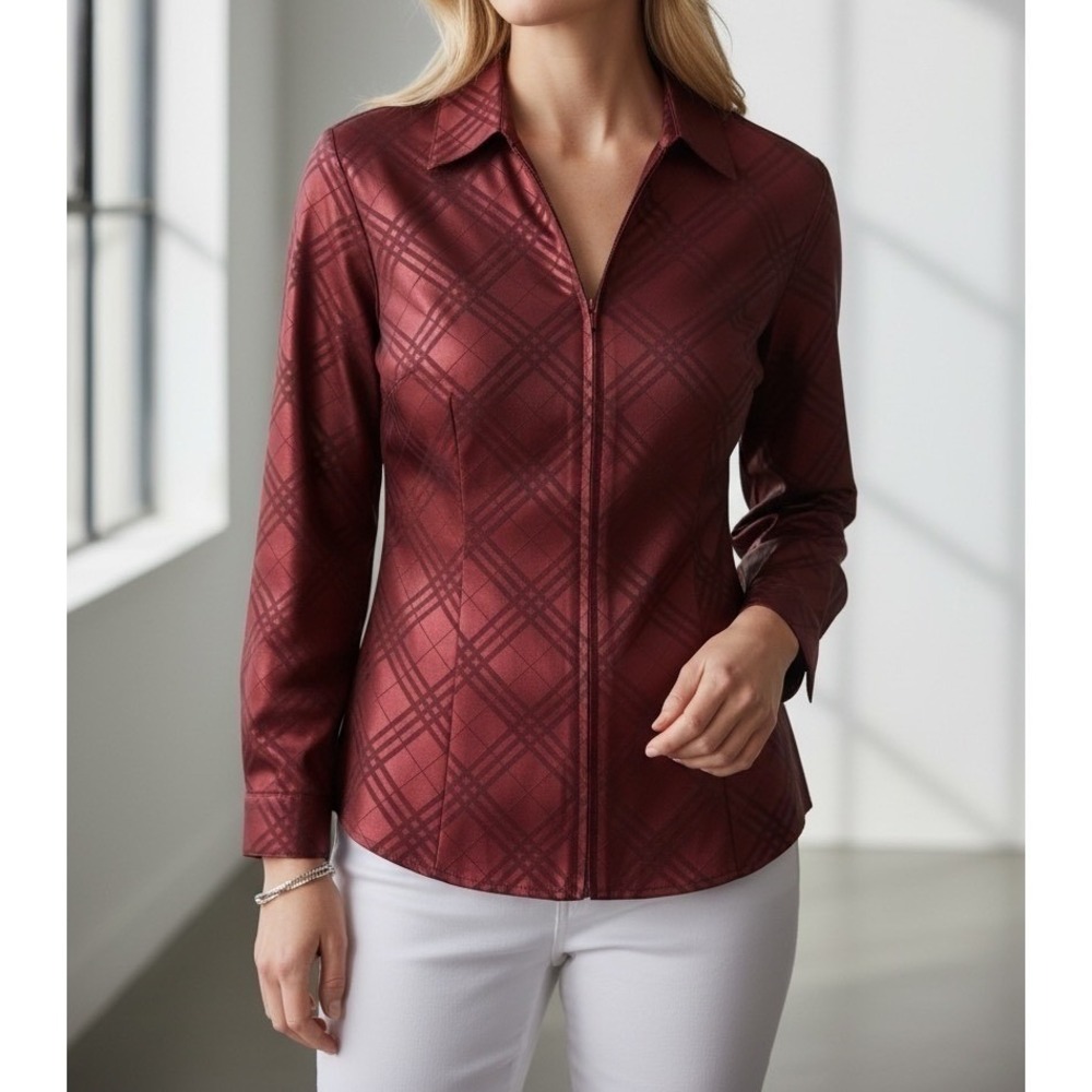 Coldwater Creek Red Plaid Zip Front Blouse Shacket Plus Size 1X Long Sleeve